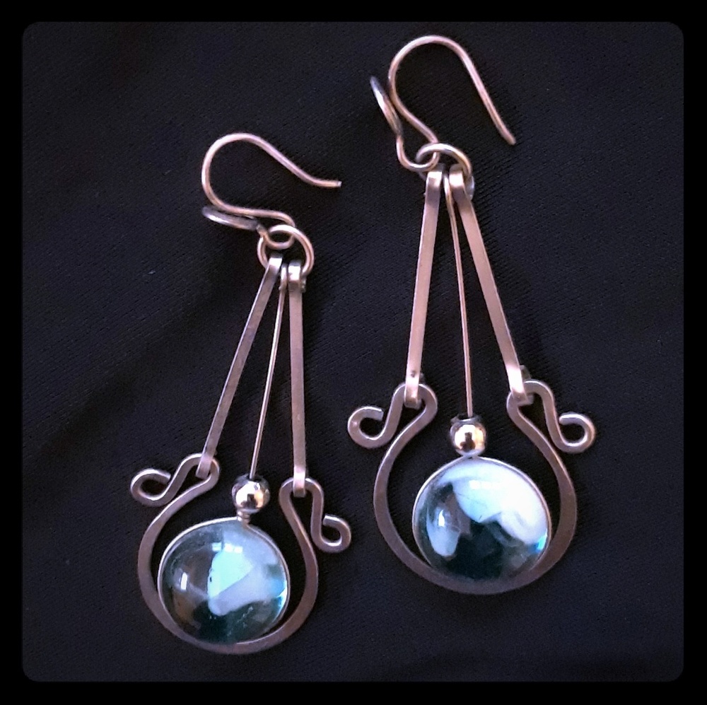Large Aqua Silver dangle earrings